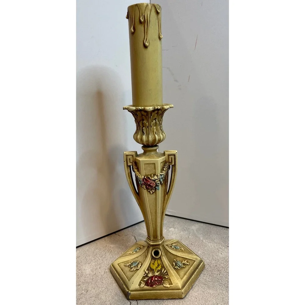 Vintage French Provincial Electric Candlestick Lamp‎ Floral Rose Garland 1930s